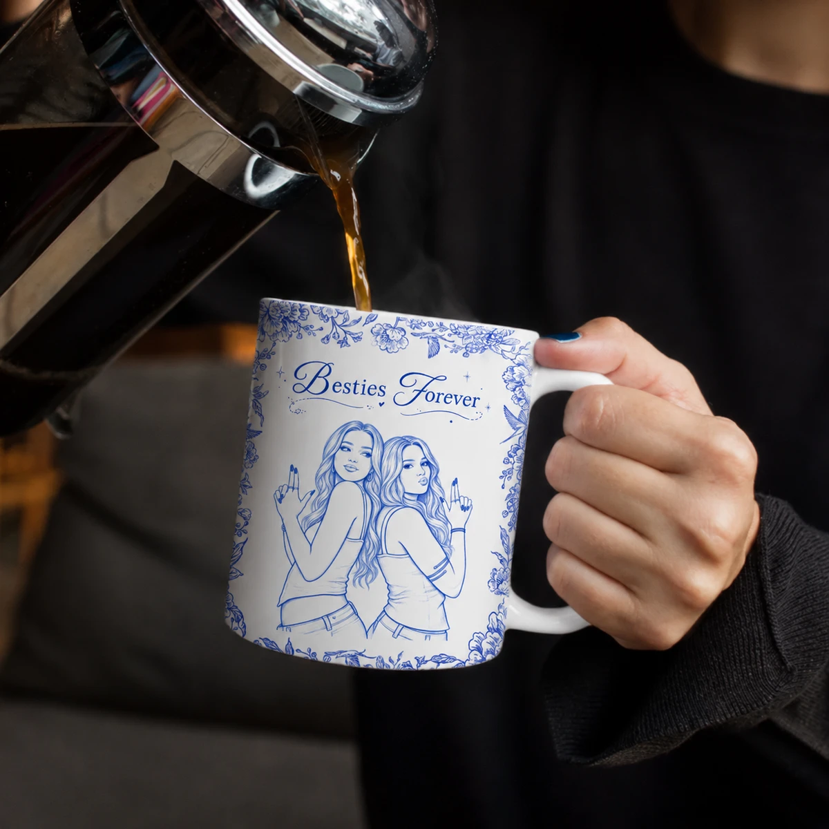 Custom Photo Pencil Sketch A True Friendship Is A Journey Without An End - Personalized White Edge-to-Edge Mug