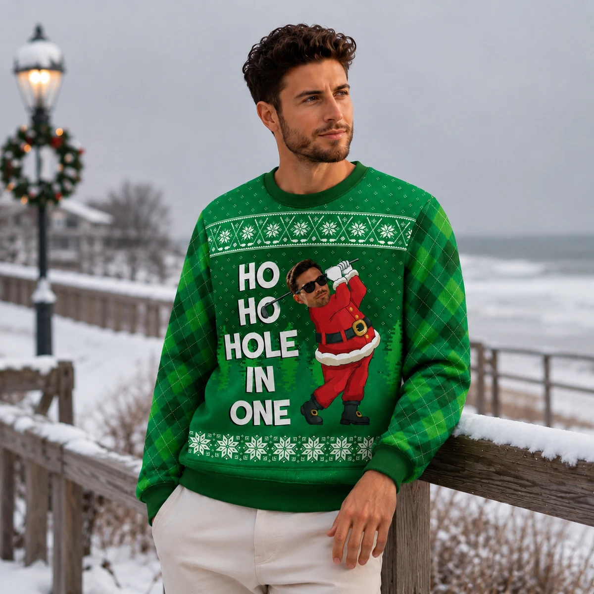 Golf Santa Ho Ho Hole In One Sweatshirt - Personalized Custom Face Christmas Ugly Sweatshirt