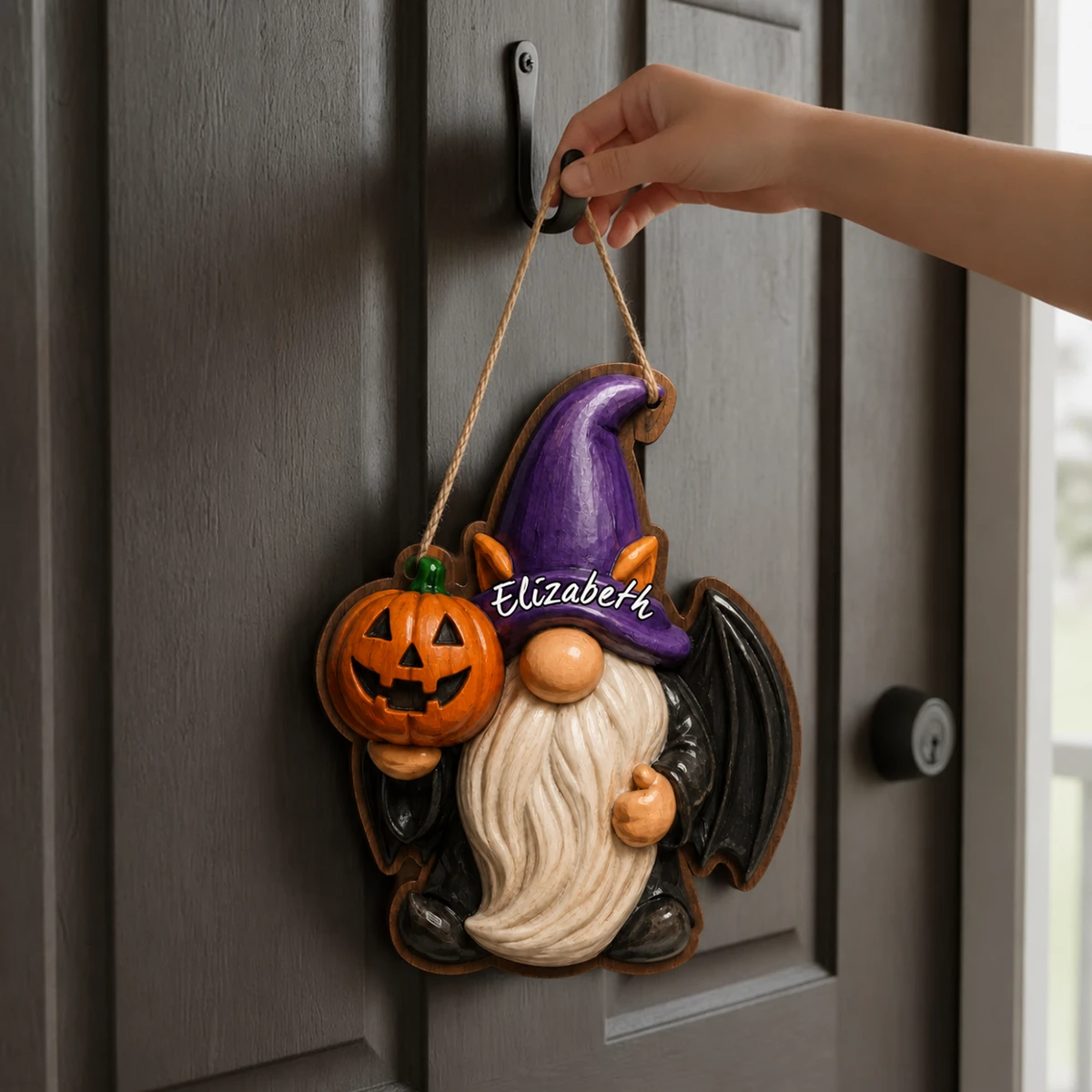 Custom Witch Gnome Door Hanger, Personalized Name Halloween Sign, Cute Pumpkin Gnome Decor, Front Door Bedroom Wall Decoration Gift