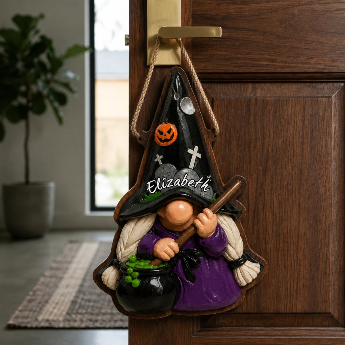 Custom Witch Gnome Door Hanger, Personalized Name Halloween Sign, Cute Pumpkin Gnome Decor, Front Door Bedroom Wall Decoration Gift