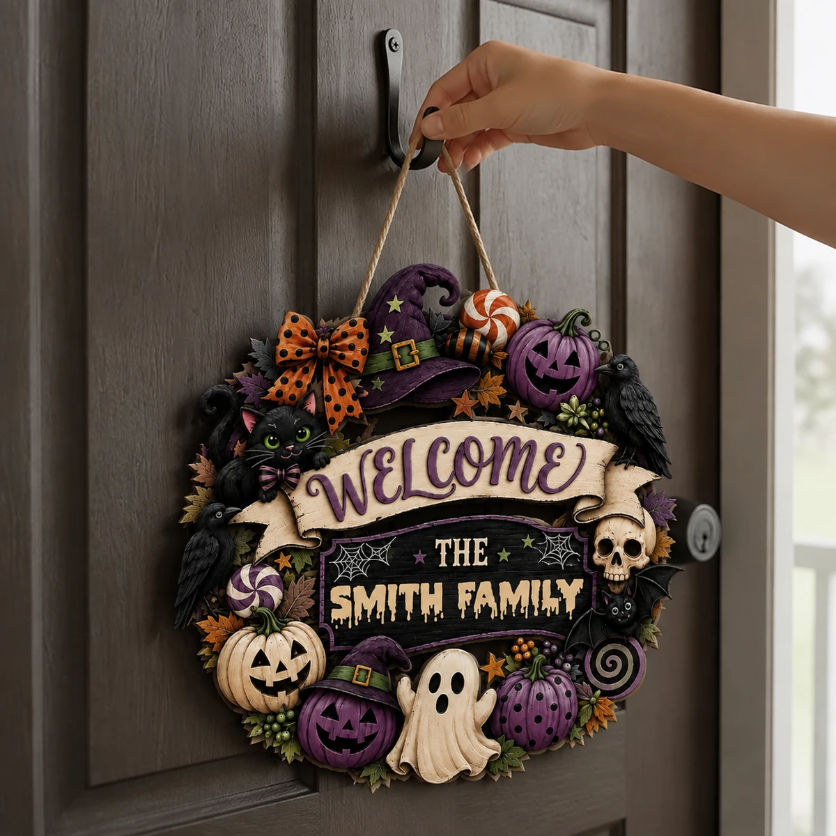 Welcome To The Smith Family Halloween Sign, Personalized Spooky Door Decor, Ghost Cat Pumpkin Witch Plaque, Unique Family Home Decoration