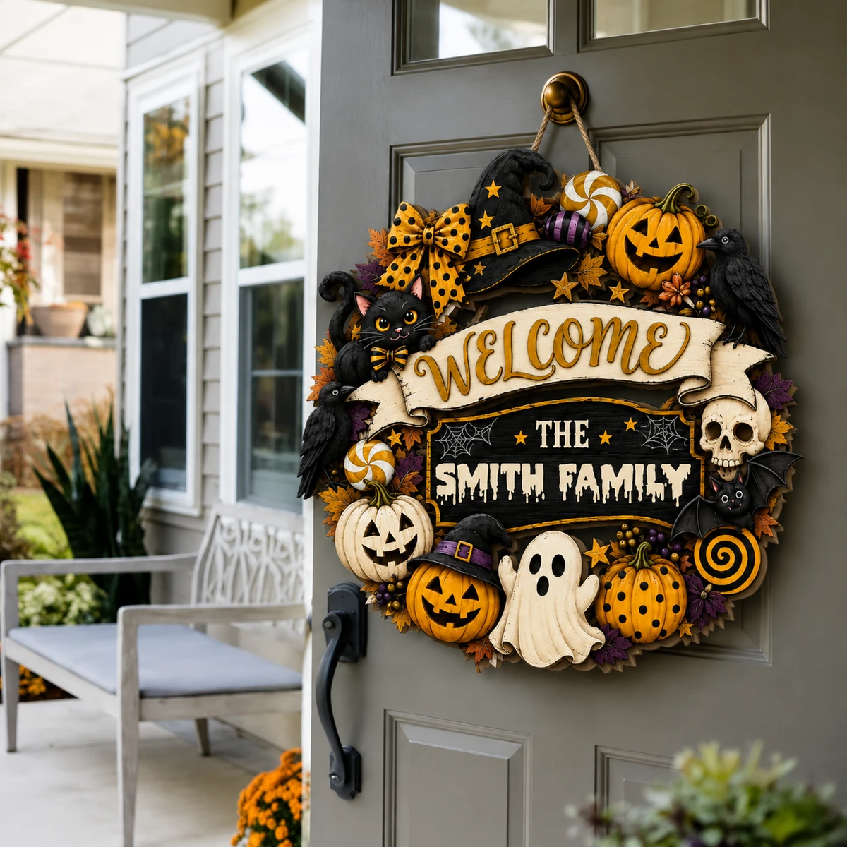 Welcome To The Smith Family Halloween Sign, Personalized Spooky Door Decor, Ghost Cat Pumpkin Witch Plaque, Unique Family Home Decoration