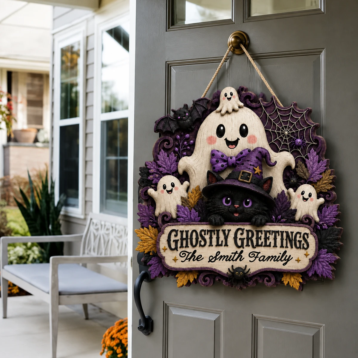 Personalized Ghostly Greetings Halloween Sign, Custom Family Name Door Plaque, Black Cat Witch Hat Ghost Decor, Unique Halloween Gift