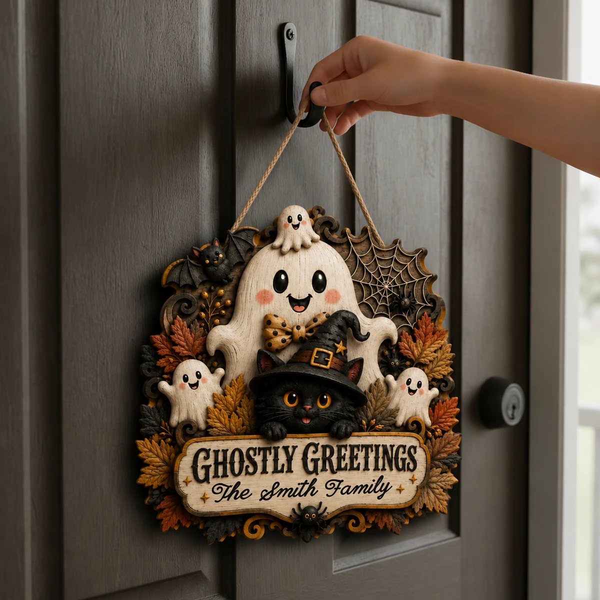 Personalized Ghostly Greetings Halloween Sign, Custom Family Name Door Plaque, Black Cat Witch Hat Ghost Decor, Unique Halloween Gift