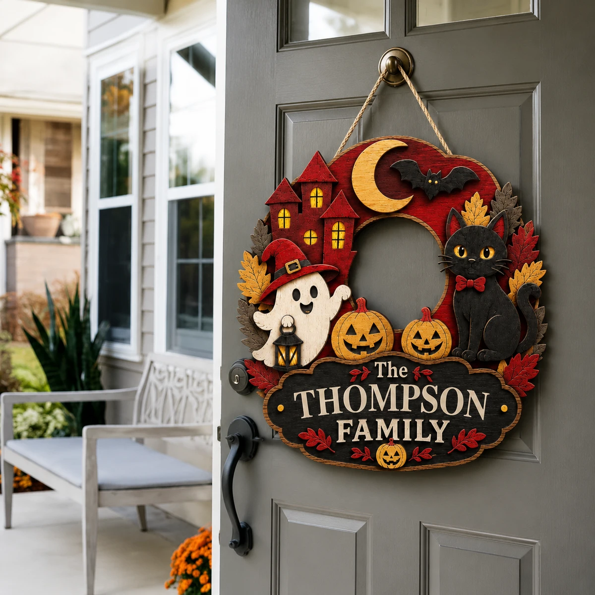 The Thompson Family Haunted Halloween Door Sign, Custom Name Gothic Cat Decor, Ghost Pumpkin Bat Plaque, Family Holiday Gift