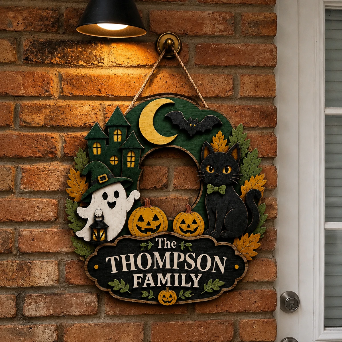 The Thompson Family Haunted Halloween Door Sign, Custom Name Gothic Cat Decor, Ghost Pumpkin Bat Plaque, Family Holiday Gift