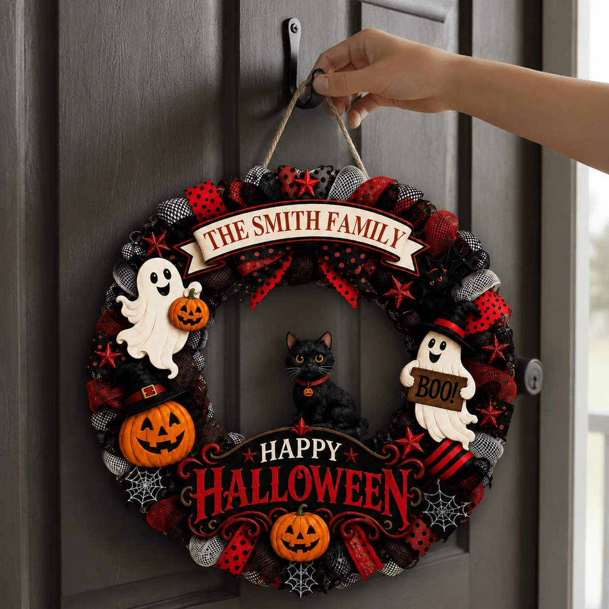 Custom Family Halloween Door Hanger, Personalized Last Name Wreath Sign, Cute Ghost Black Cat Pumpkin Decor, Gothic Fall Home Decoration