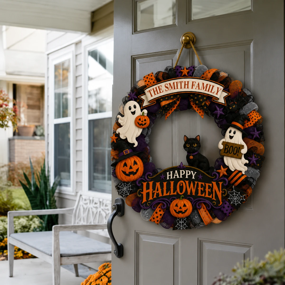 Custom Family Halloween Door Hanger, Personalized Last Name Wreath Sign, Cute Ghost Black Cat Pumpkin Decor, Gothic Fall Home Decoration