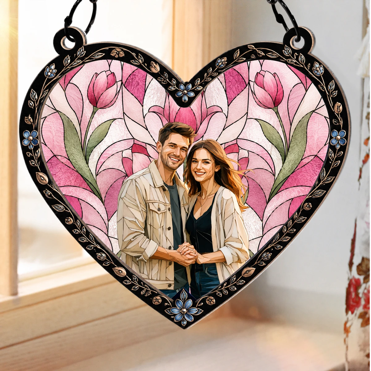 Custom Photo Portrait Couple Family - Personalized Window Hanging Suncatcher Ornament