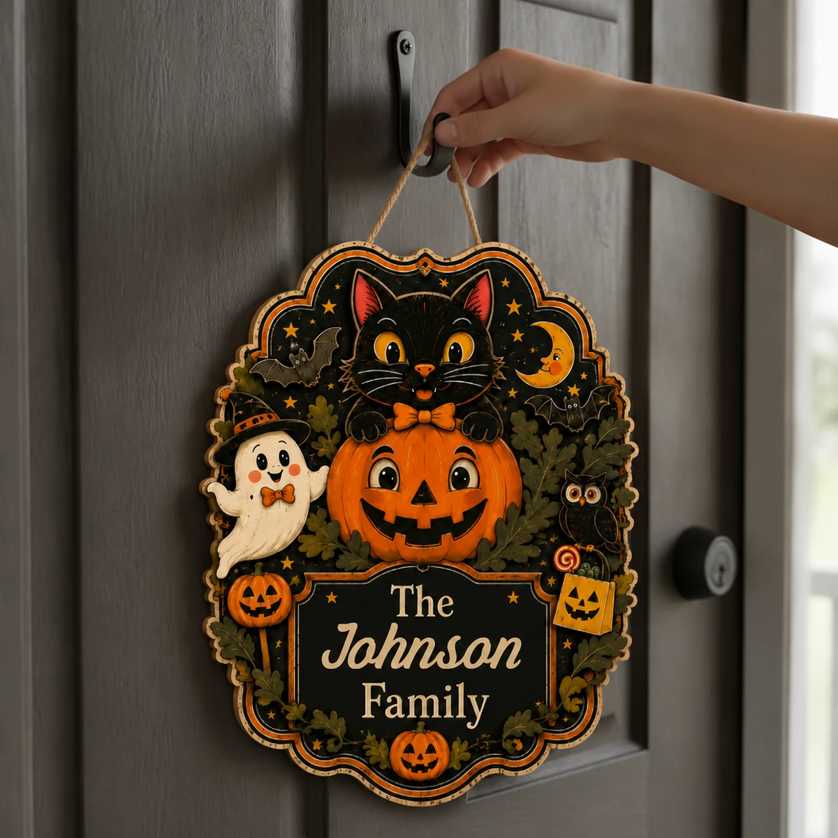 Personalized Black Cat Halloween Sign, Custom Family Name Pumpkin Door Plaque, Cute Ghost Bat Owl Decor, Gothic Fall Home Decoration
