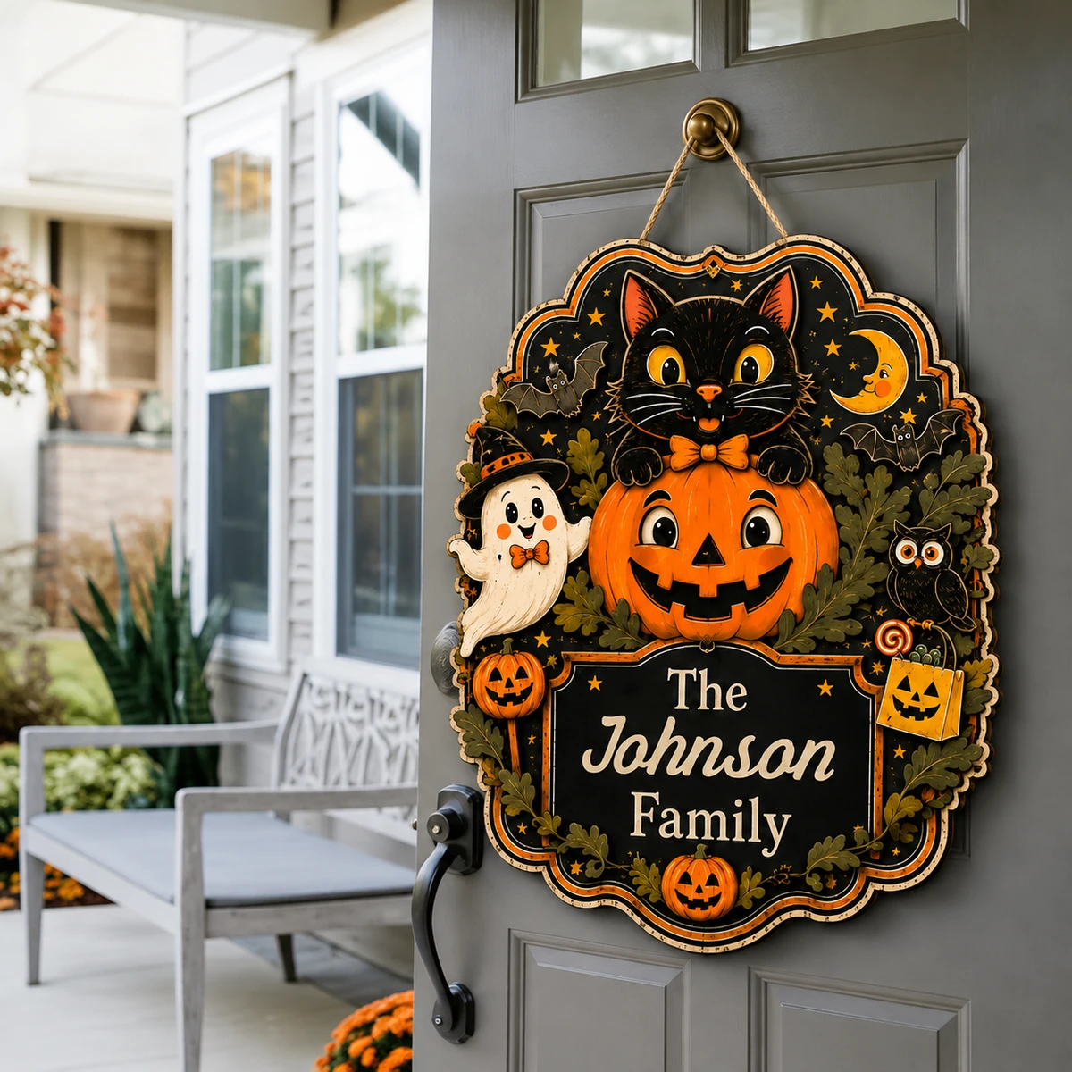 Personalized Black Cat Halloween Sign, Custom Family Name Pumpkin Door Plaque, Cute Ghost Bat Owl Decor, Gothic Fall Home Decoration