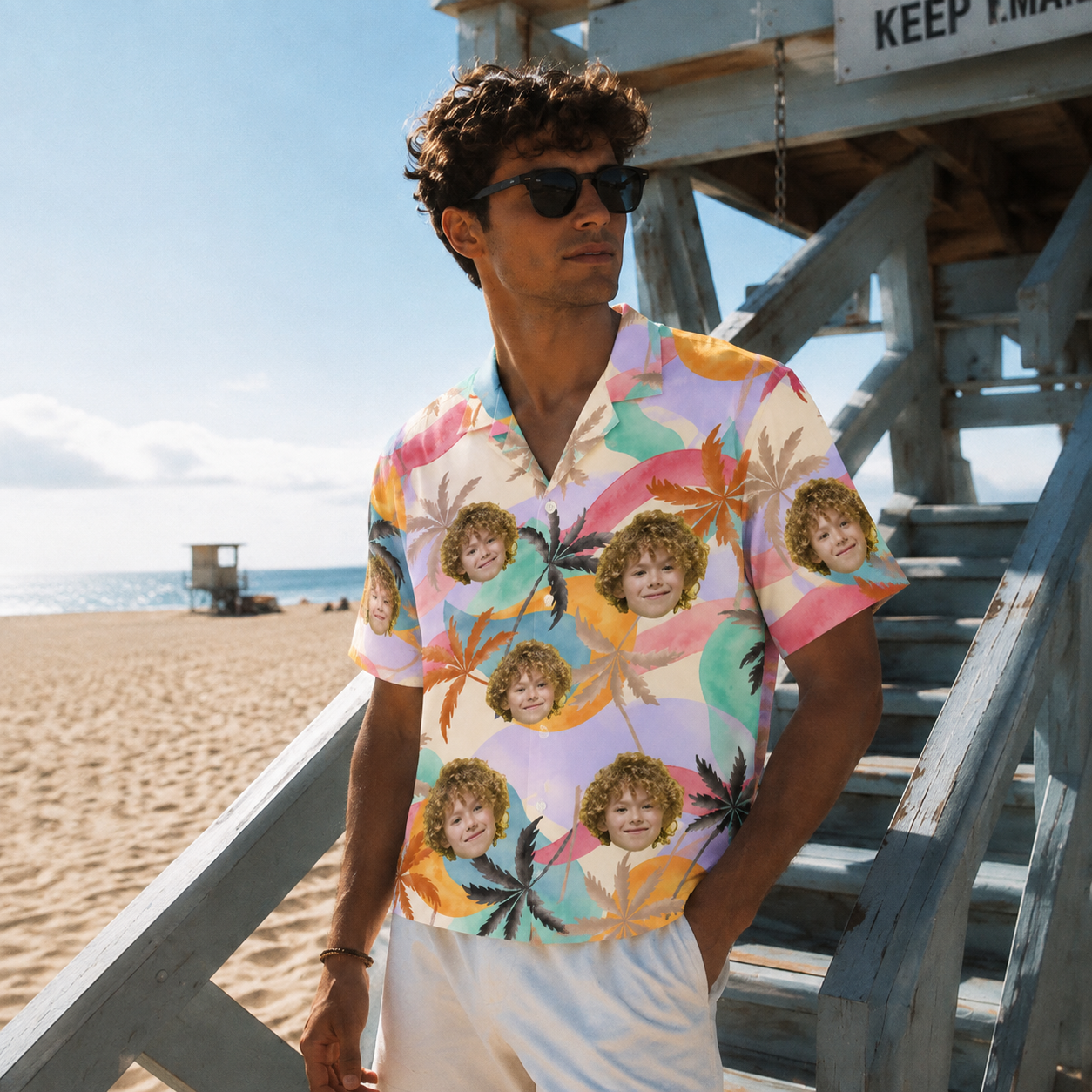 Custom Face Hawaiian Shirt, Personalized Pastel Palm Photo Shirt, Retro Tropical Aloha Button Up, Family Friends Trip Gift, Custom Portrait Shirt