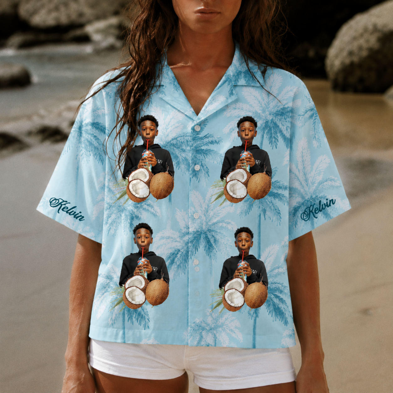 Custom Photo Name Hawaiian Shirt, Personalized Coconut Palm Aloha Shirt, Family Friends Tropical Gift, Custom Portrait Beach Shirt, Vacation Button Up
