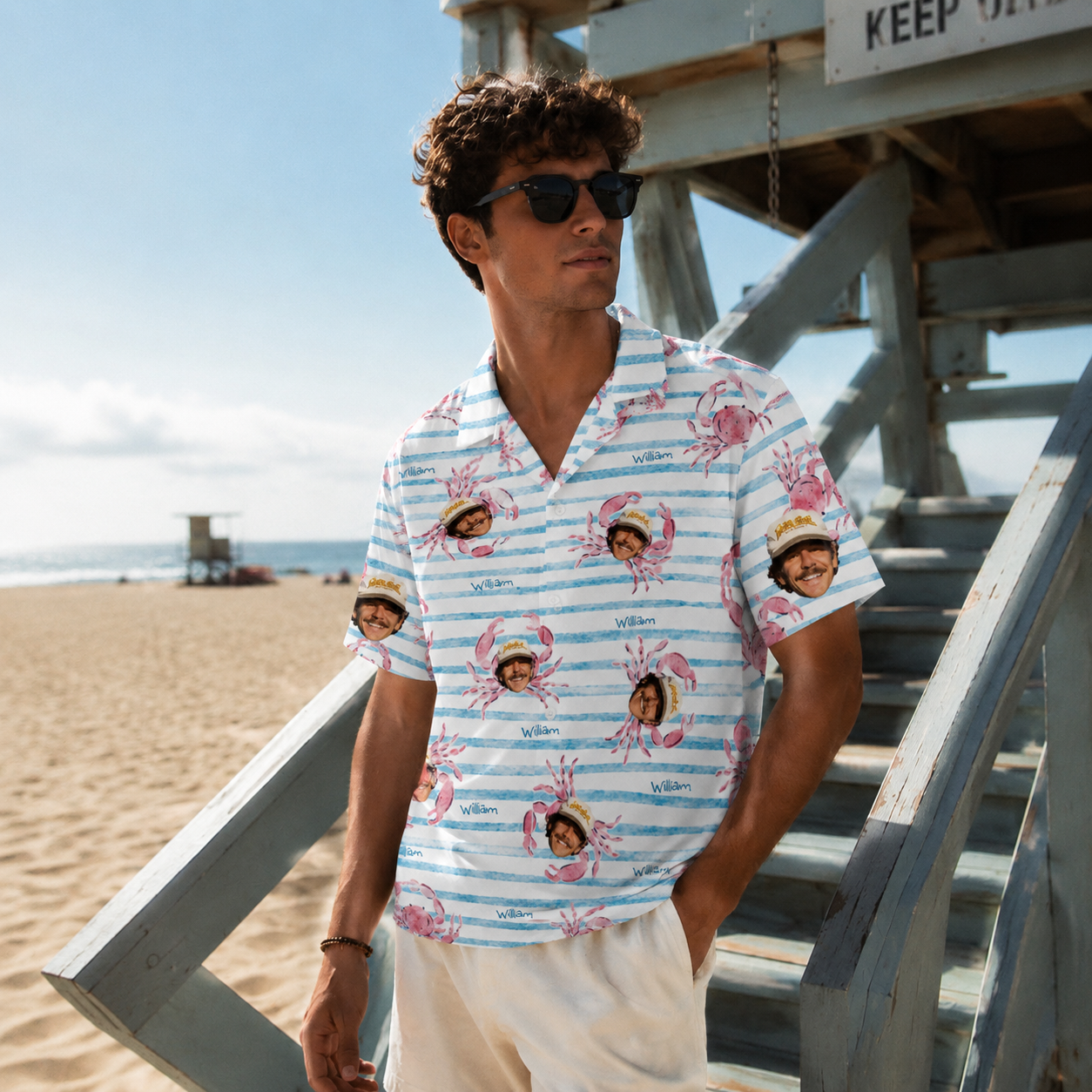 Custom Face and Name Hawaiian Shirt, Personalized Crab Aloha Shirt, Coastal Photo Button Up, Family Friends Beach Gift, Custom Summer Shirt  Design Description: