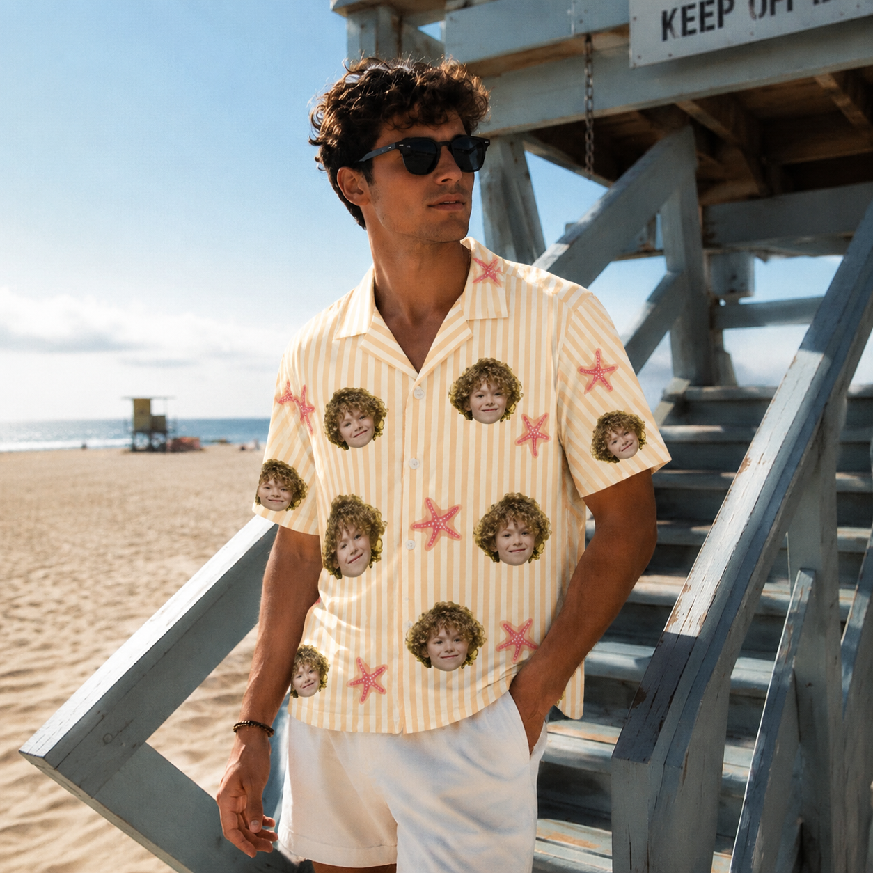 Custom Face Hawaiian Shirt, Personalized Starfish Aloha Shirt, Coastal Portrait Beach Shirt, Family Friends Summer Gift, Custom Photo Button Up