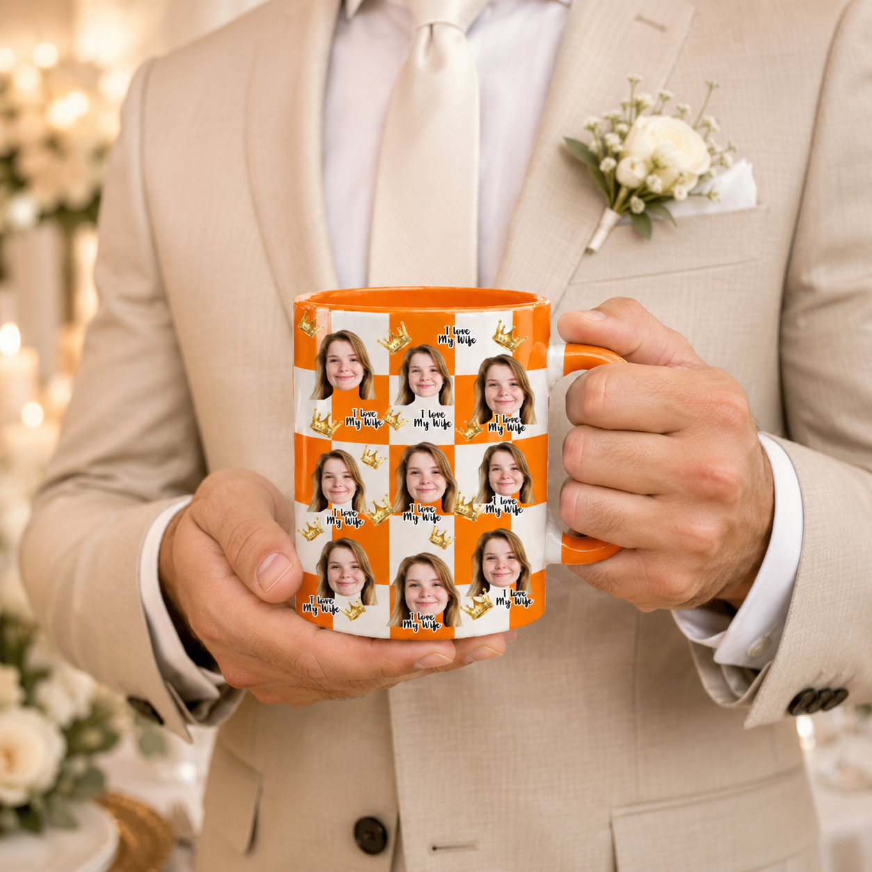 I love My Wife Mug 11oz 15oz, To My Wife The Queen Of My Heart Custom Crown Checkered Ceramic Mug