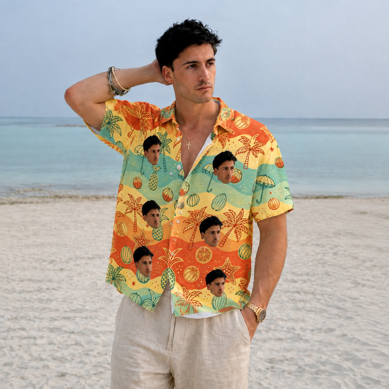 Tropical Sunset Beach Hawaiian Shirt - Personalized Face Hawaiian Shirt