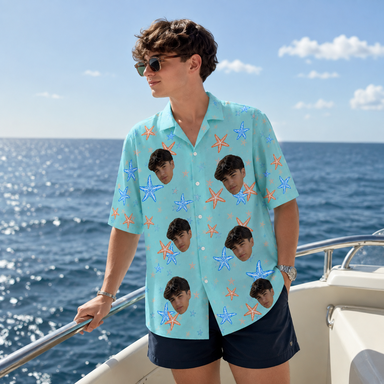 Starfish Pattern Personalized Hawaiian Shirt -Custom Face Hawaiian Shirt