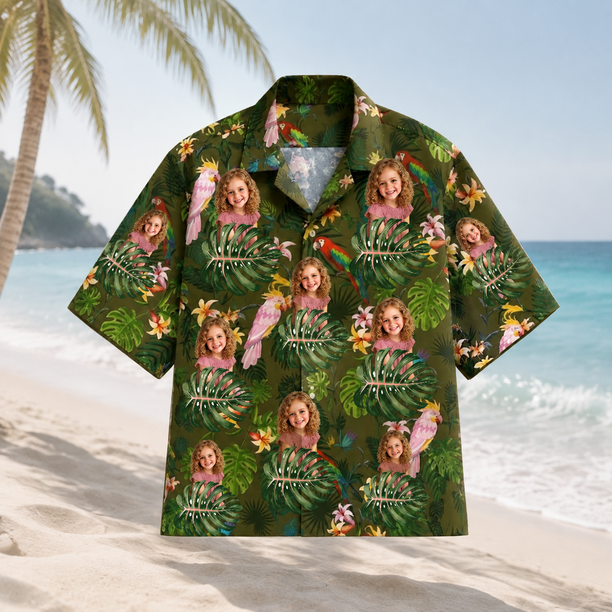 Personalized Custom Photo Hawaiian Shirt Tropical Parrot Monstera Leaf Vacation Gift