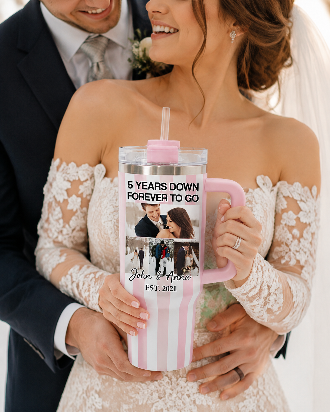 Custom Face Striped Wedding Tumbler 40oz, 5 Years Down Forever To Go, Love Milestone, Anniversary Gift