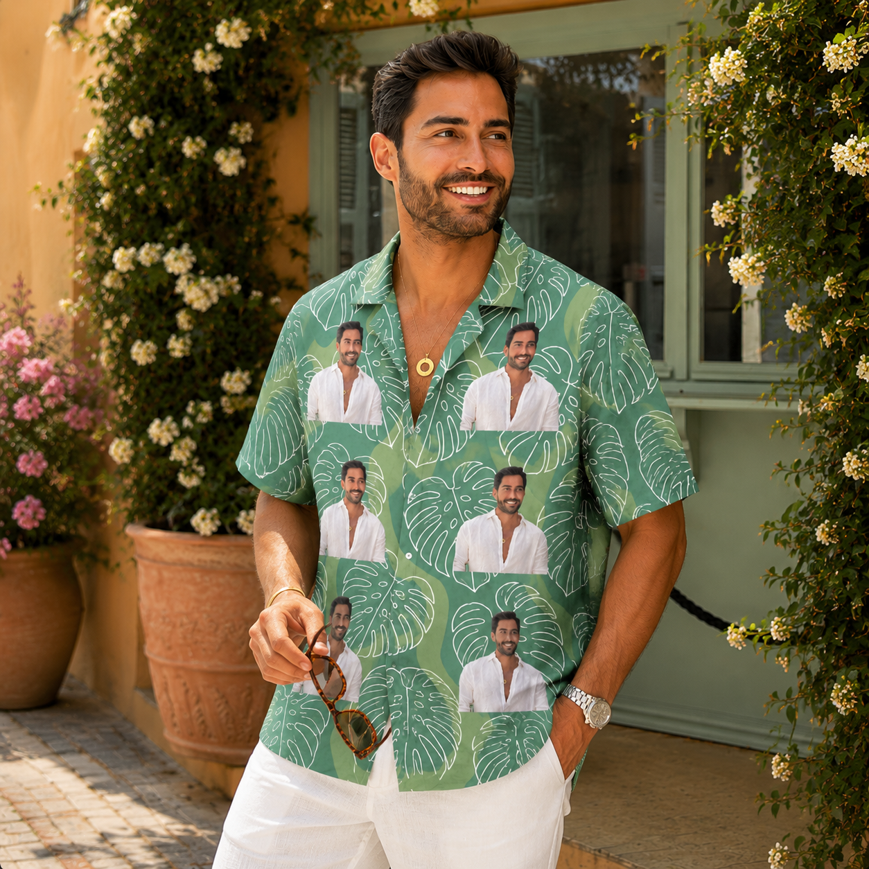 Monstera Pattern Personalized Hawaiian Shirt - Custom Portrait Beach Hawaiian Shirt