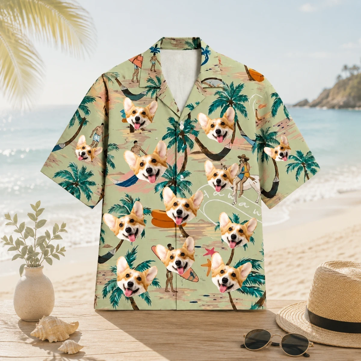 Personalized Custom Photo Hawaiian Shirt Tropical Palm Sunset Human Pet Vacation Gift