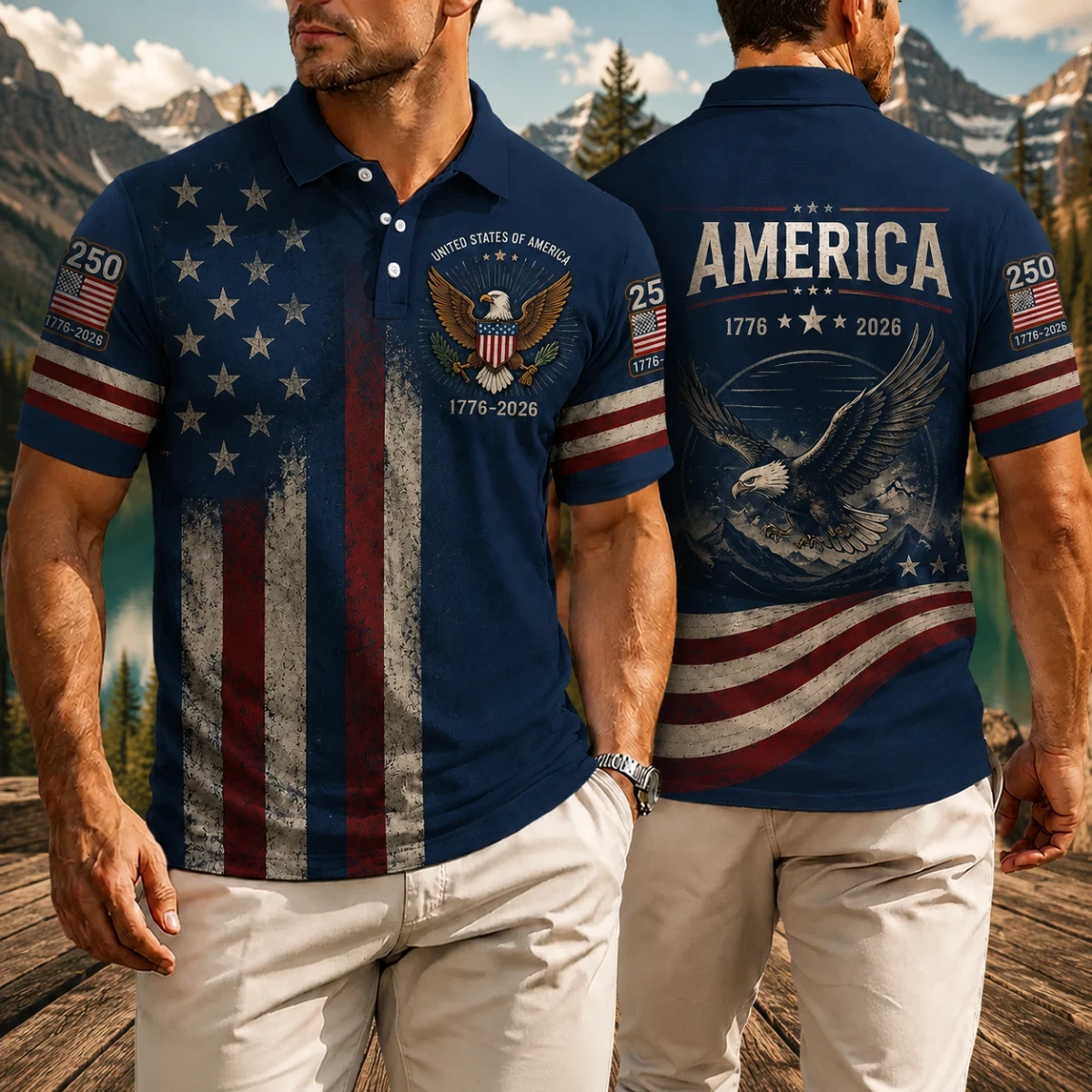 USA 250th Anniversary Patriotic Golf Polo Shirt, USA Flag Semiquincentennial AOP Polo Shirt