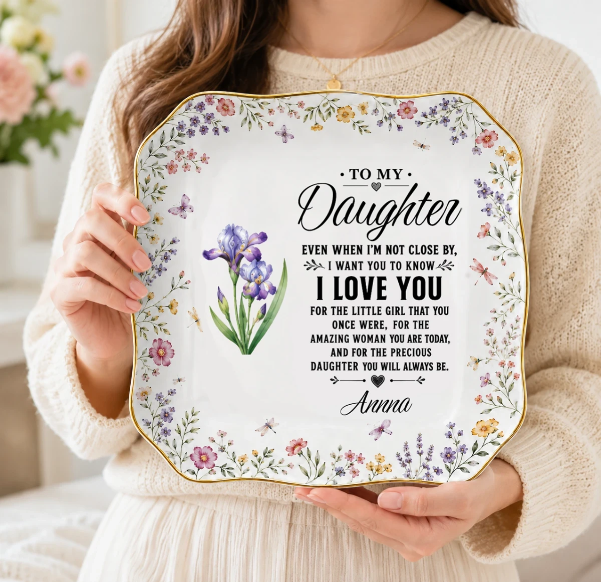 To My Daughter Birth Month Flower, Personalized Lace Square Jewelry Dish