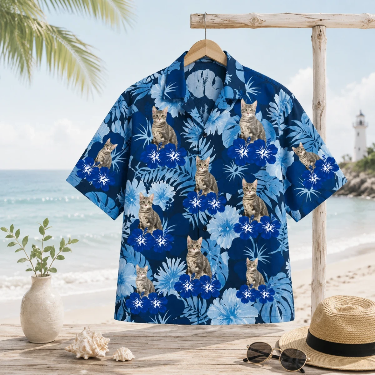 Personalized Custom Photo Hawaiian Shirt Blue Hibiscus Floral Tropical Vacation Gift