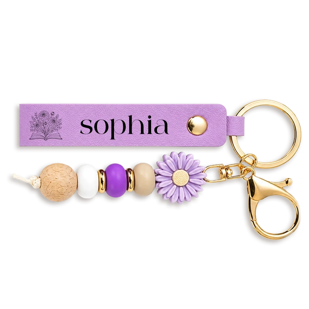 Books Birth Month Flower - Personalized Leather Beaded Keychain