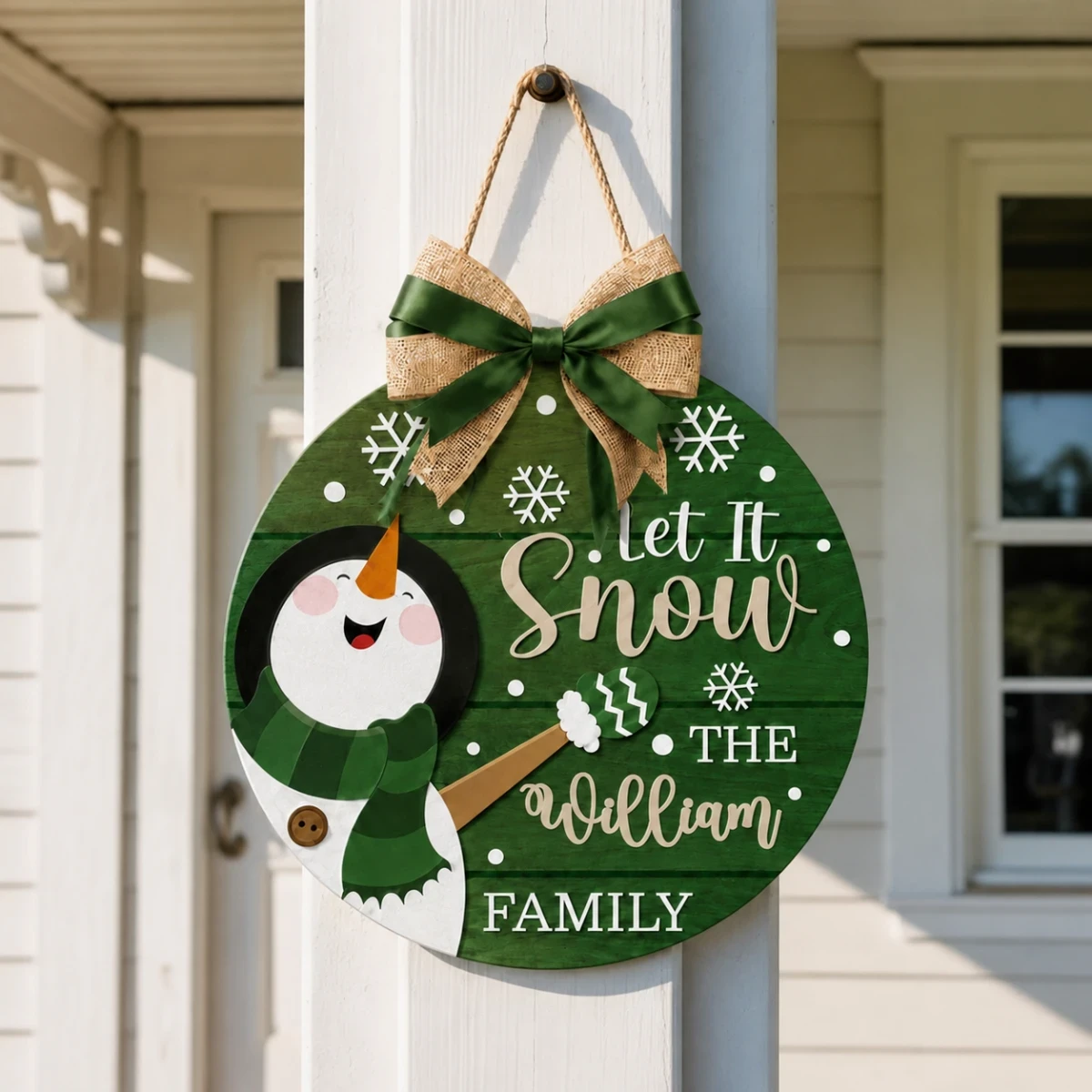 Let It Snow Family Door Sign – Personalized Last Name Christmas Door Hanger, Rustic Snowman Holiday Decor Gift
