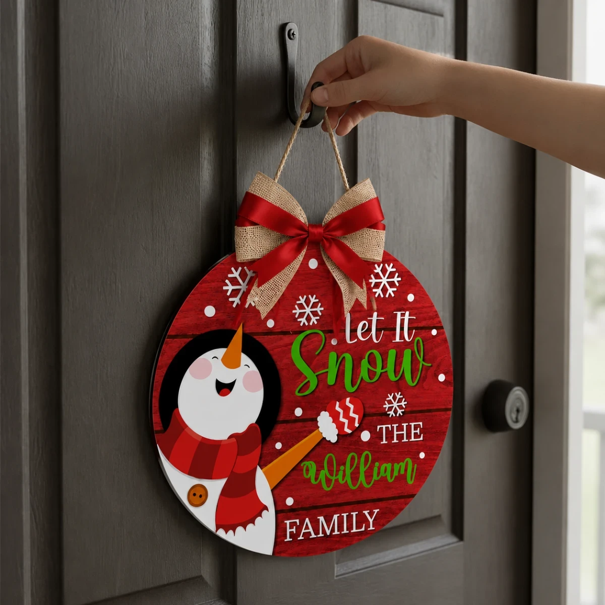 Let It Snow Family Door Sign – Personalized Last Name Christmas Door Hanger, Rustic Snowman Holiday Decor Gift