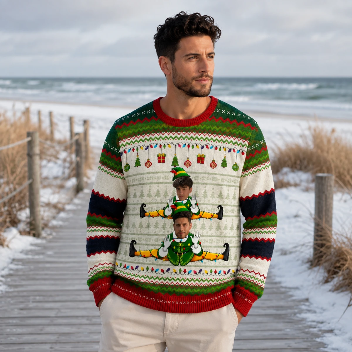 Personalized Elf Winter Sweater - Custom Face Christmas Sweater, Multiple Characters Gift