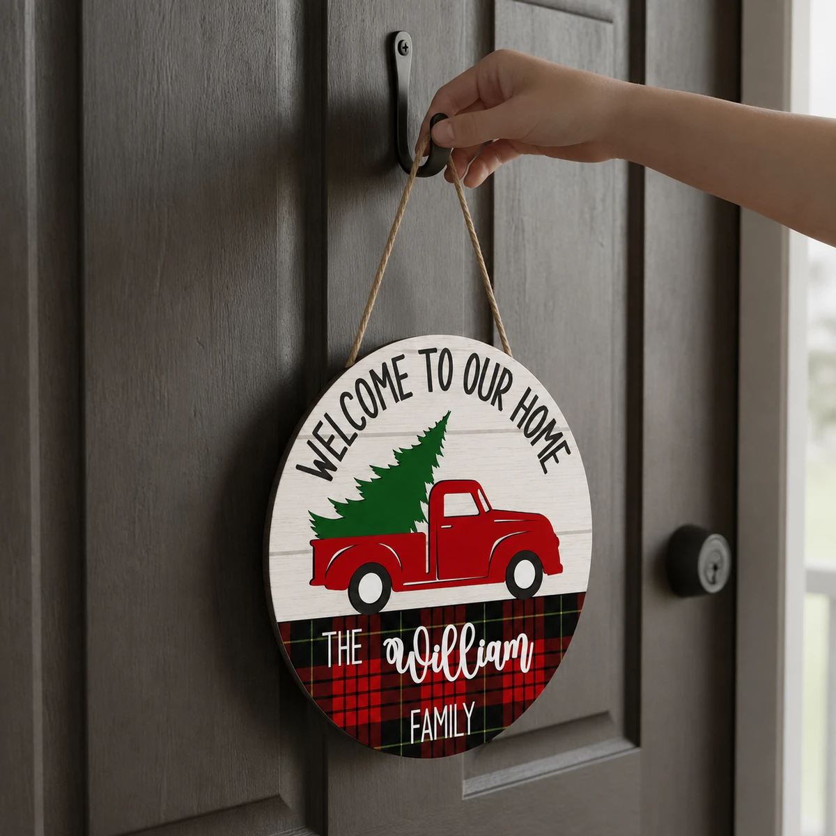 Custom Family Christmas Door Sign, Personalized Red Truck Door Hanger, Last Name Holiday Front Door Decor, Rustic Farmhouse Christmas Gift