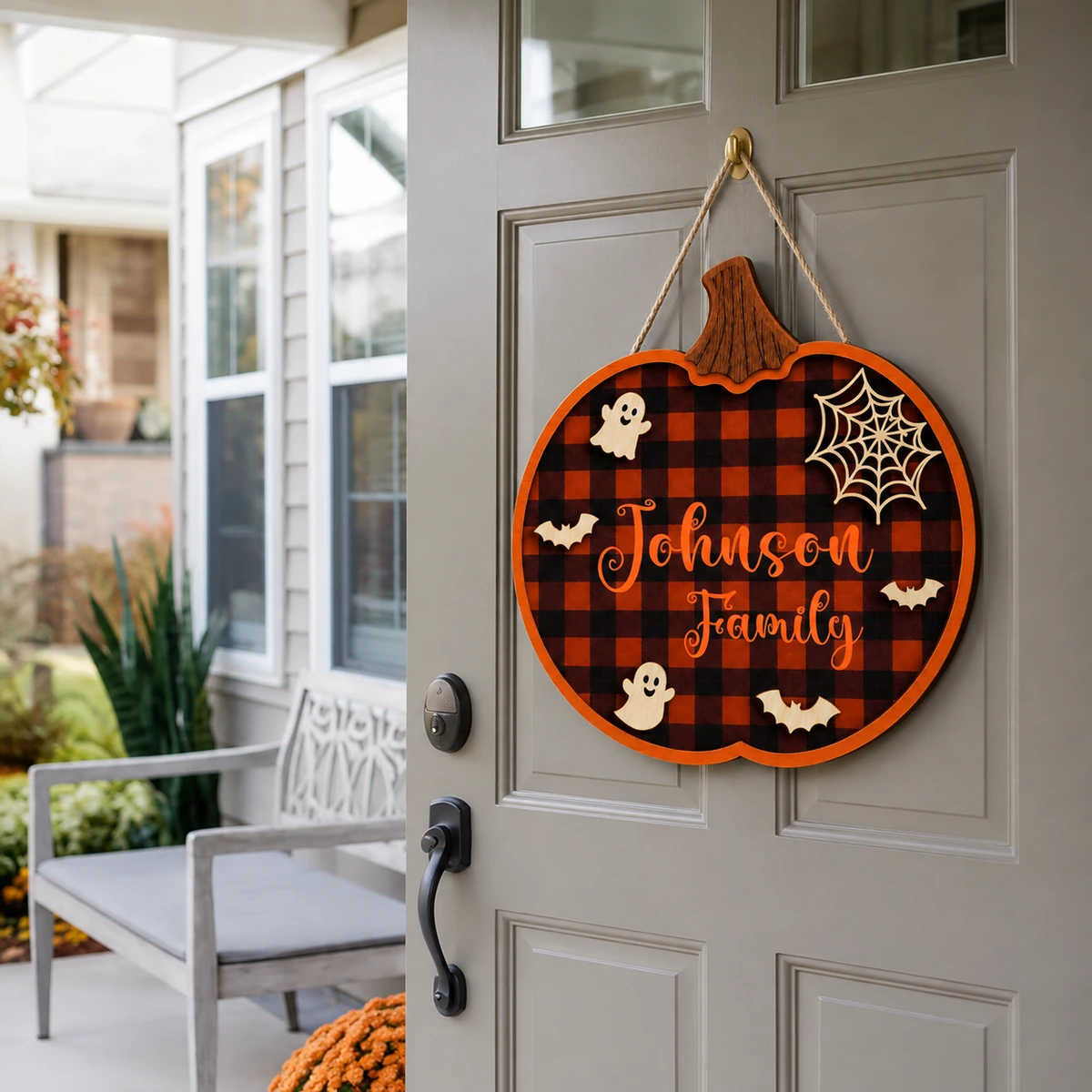 Personalized Halloween Door Sign, Custom Family Name Pumpkin Door Hanger, Haunted House Front Door Decor, Rustic Halloween Home Gift