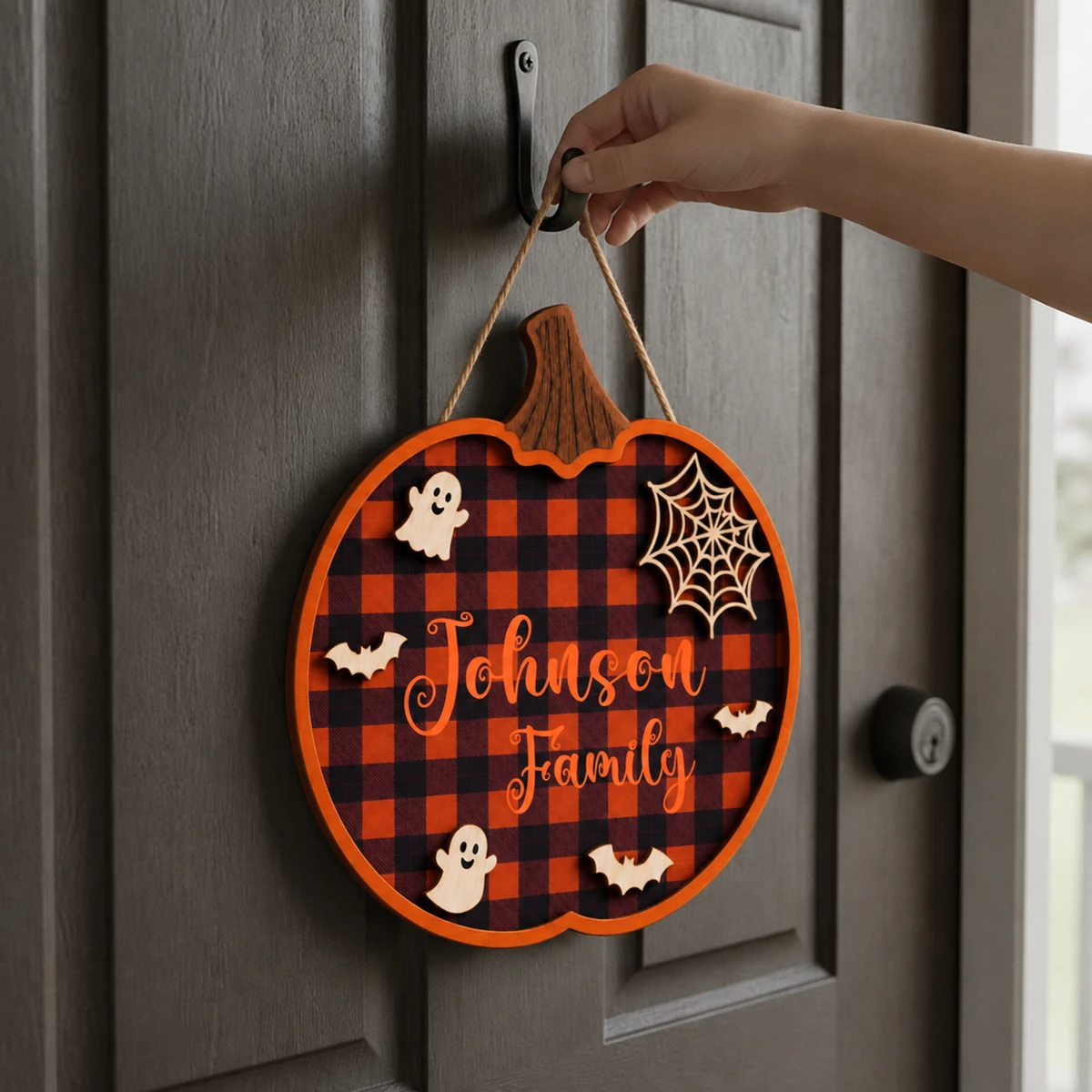 Personalized Halloween Door Sign, Custom Family Name Pumpkin Door Hanger, Haunted House Front Door Decor, Rustic Halloween Home Gift