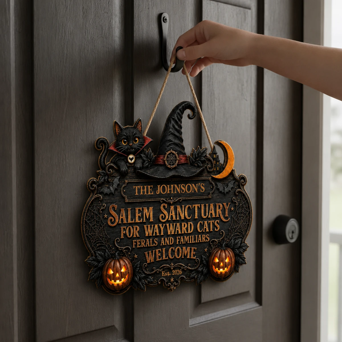 Custom Halloween Door Sign, Personalized Family Name Cat Door Hanger, Witch Hat Haunted House Decor, Gothic Halloween Front Porch Gift
