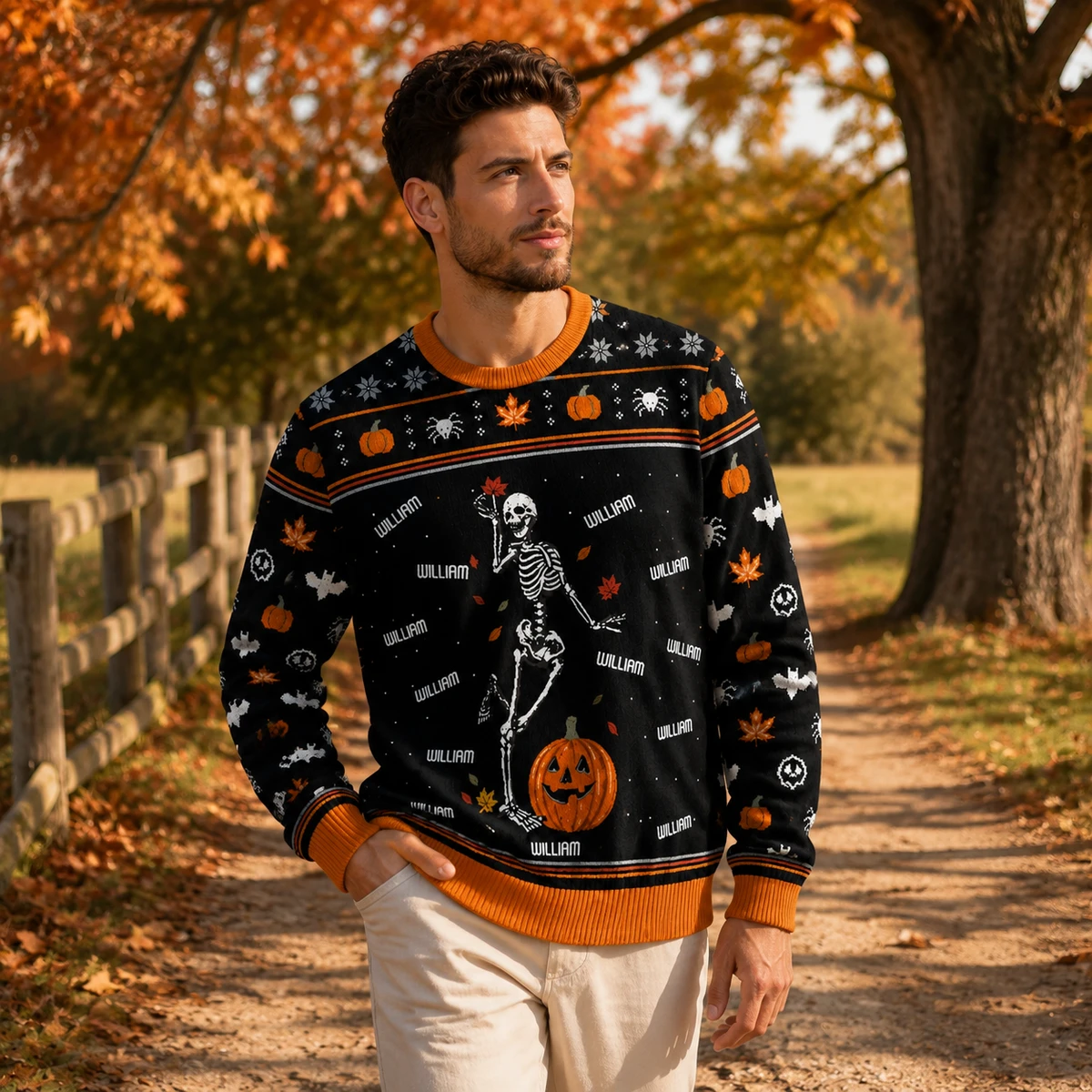 Skeleton Pumpkin Halloween Sweatshirt - Personalized Custom Name Halloween Ugly Sweatshirt
