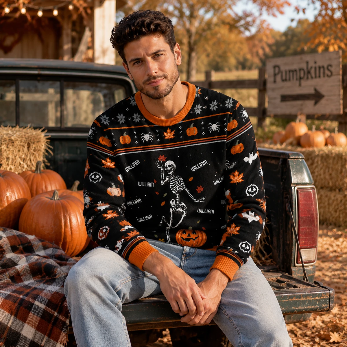 Skeleton Pumpkin Halloween Sweatshirt - Personalized Custom Name Halloween Ugly Sweatshirt