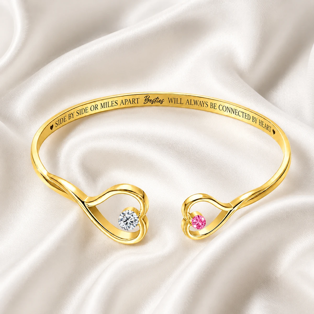 Sisters Will Always Be Connected By Heart - Personalized Gem Heart Cuff Bracelet