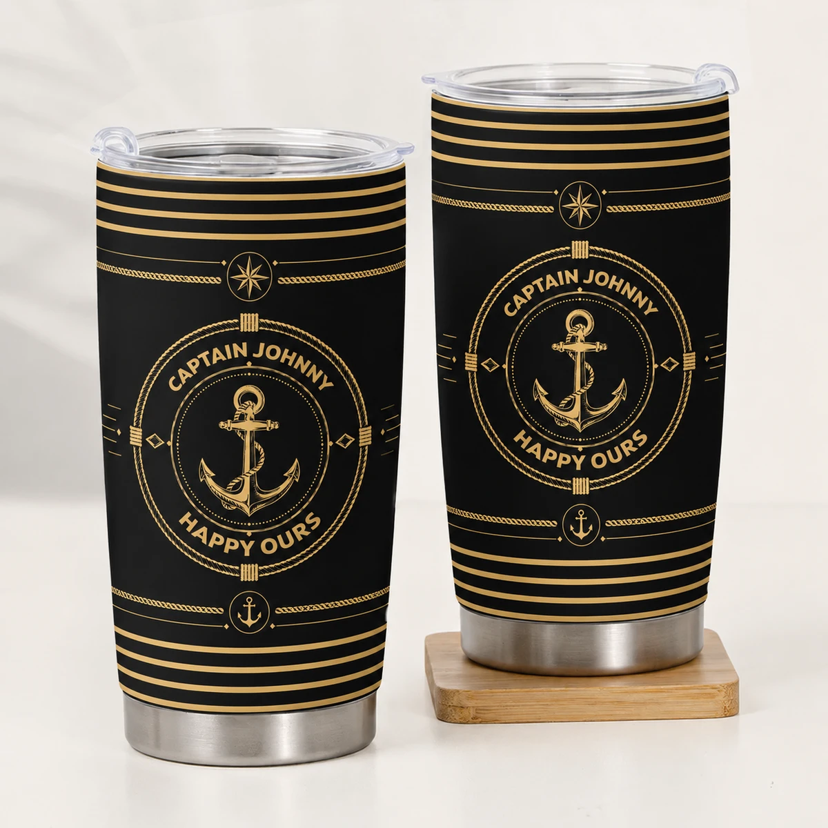 Insulated Travel Tumbler with Custom Captain Name, Navy Stripes Anchor Wheel, Thoughtful Gift for Boat Lovers