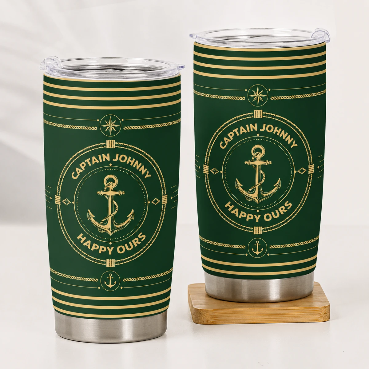 Insulated Travel Tumbler with Custom Captain Name, Navy Stripes Anchor Wheel, Thoughtful Gift for Boat Lovers