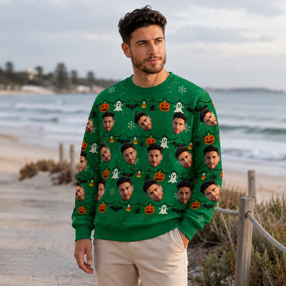 Custom Face Halloween Pullover Sweatshirt Pumpkin Ghost Bat Sweater