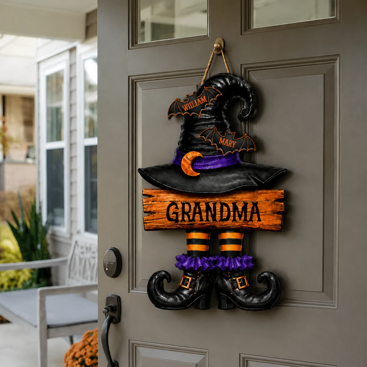 Custom Halloween Door Sign, Personalized Name Witch Hat Door Hanger, Gothic Halloween Front Porch Decor, Family Witch Gift, Spooky Home Sign