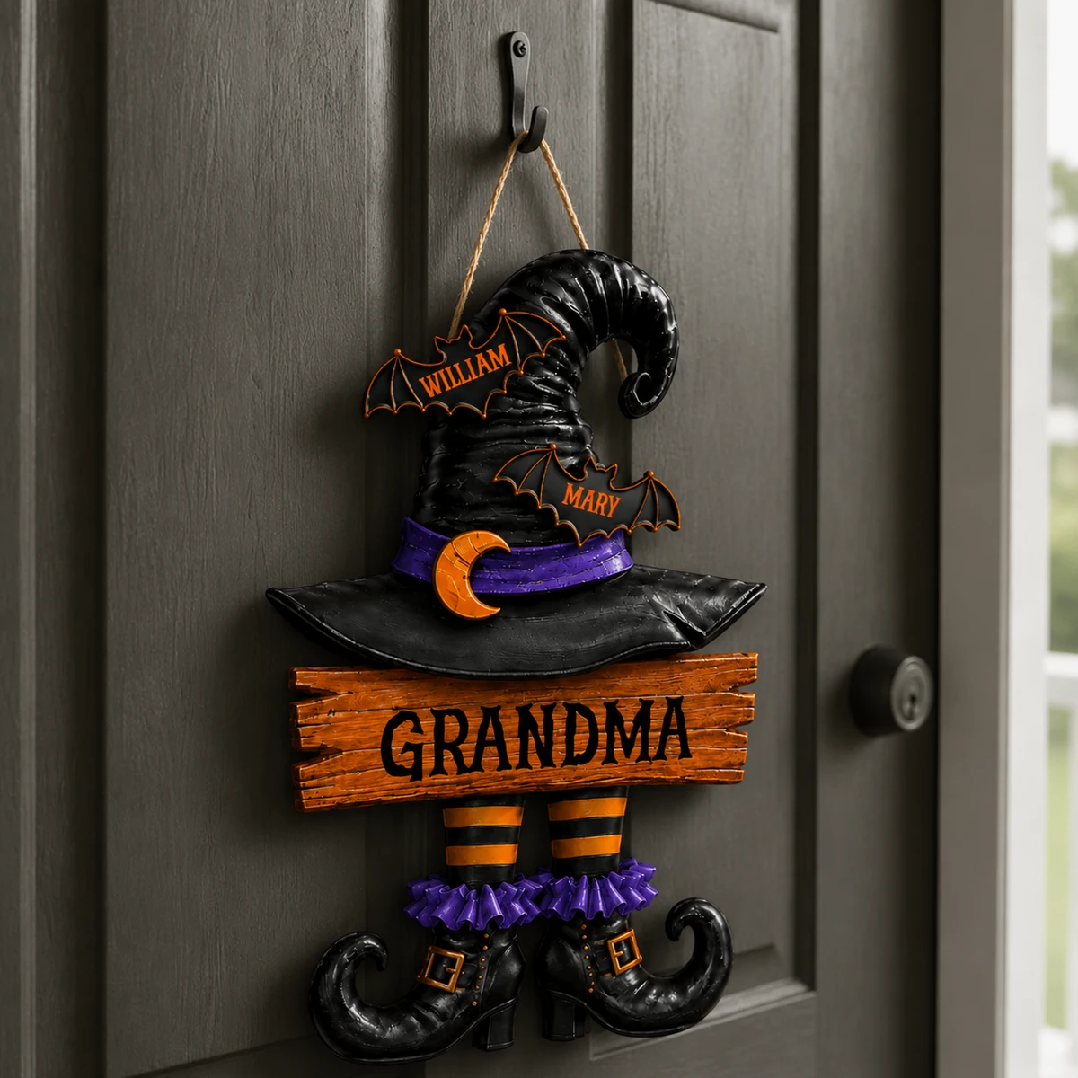 Custom Halloween Door Sign, Personalized Name Witch Hat Door Hanger, Gothic Halloween Front Porch Decor, Family Witch Gift, Spooky Home Sign