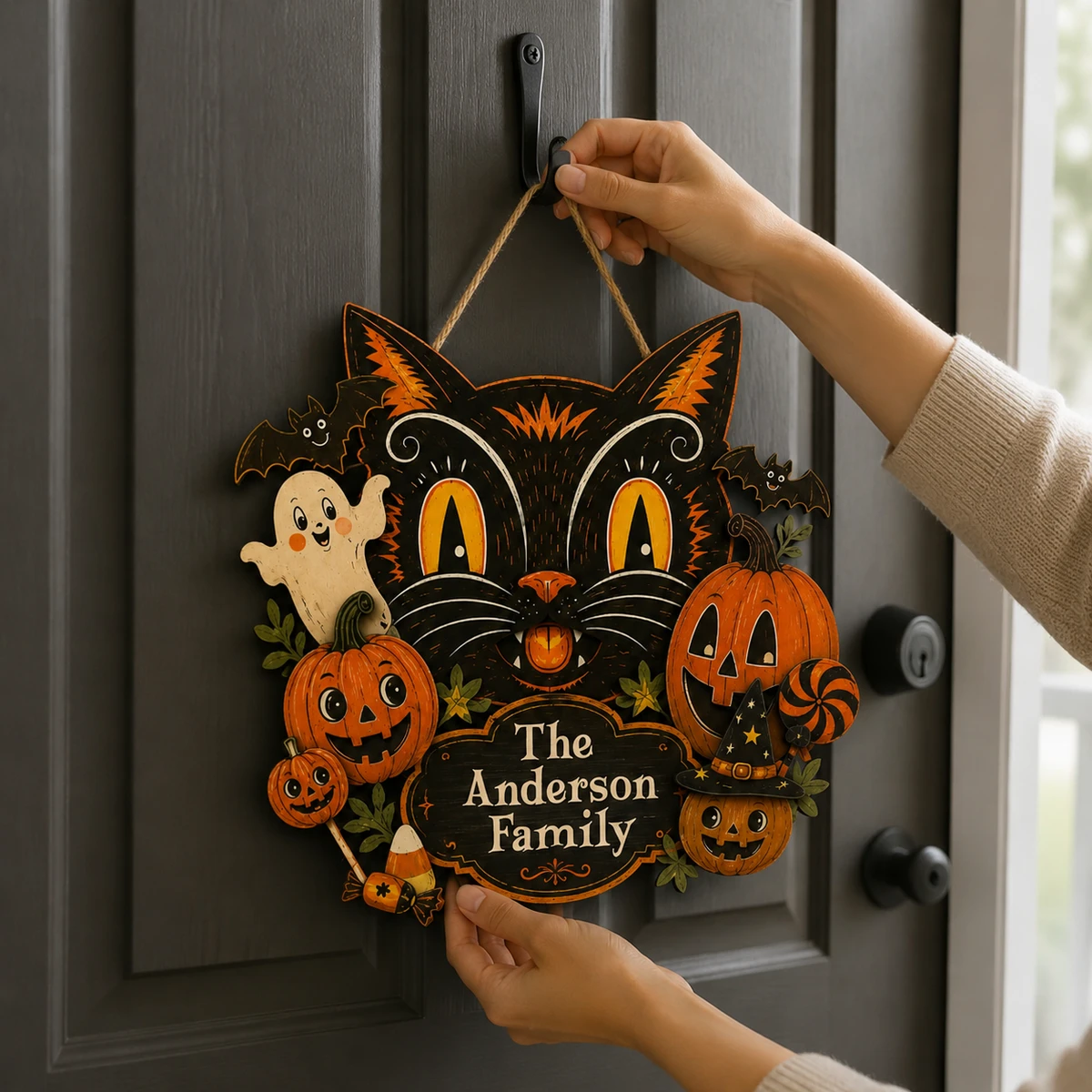 Personalized Family Name Cat Door Hanger, Black Cat Pumpkin Halloween Decor, Gothic Front Porch Sign, Family Gift