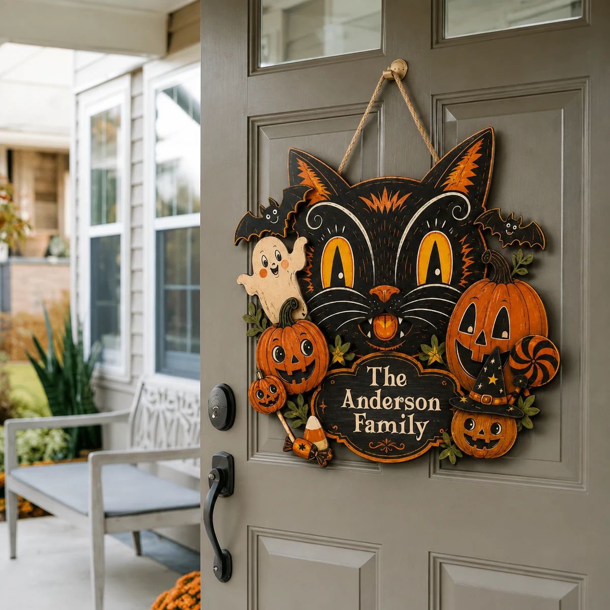 Personalized Family Name Cat Door Hanger, Black Cat Pumpkin Halloween Decor, Gothic Front Porch Sign, Family Gift