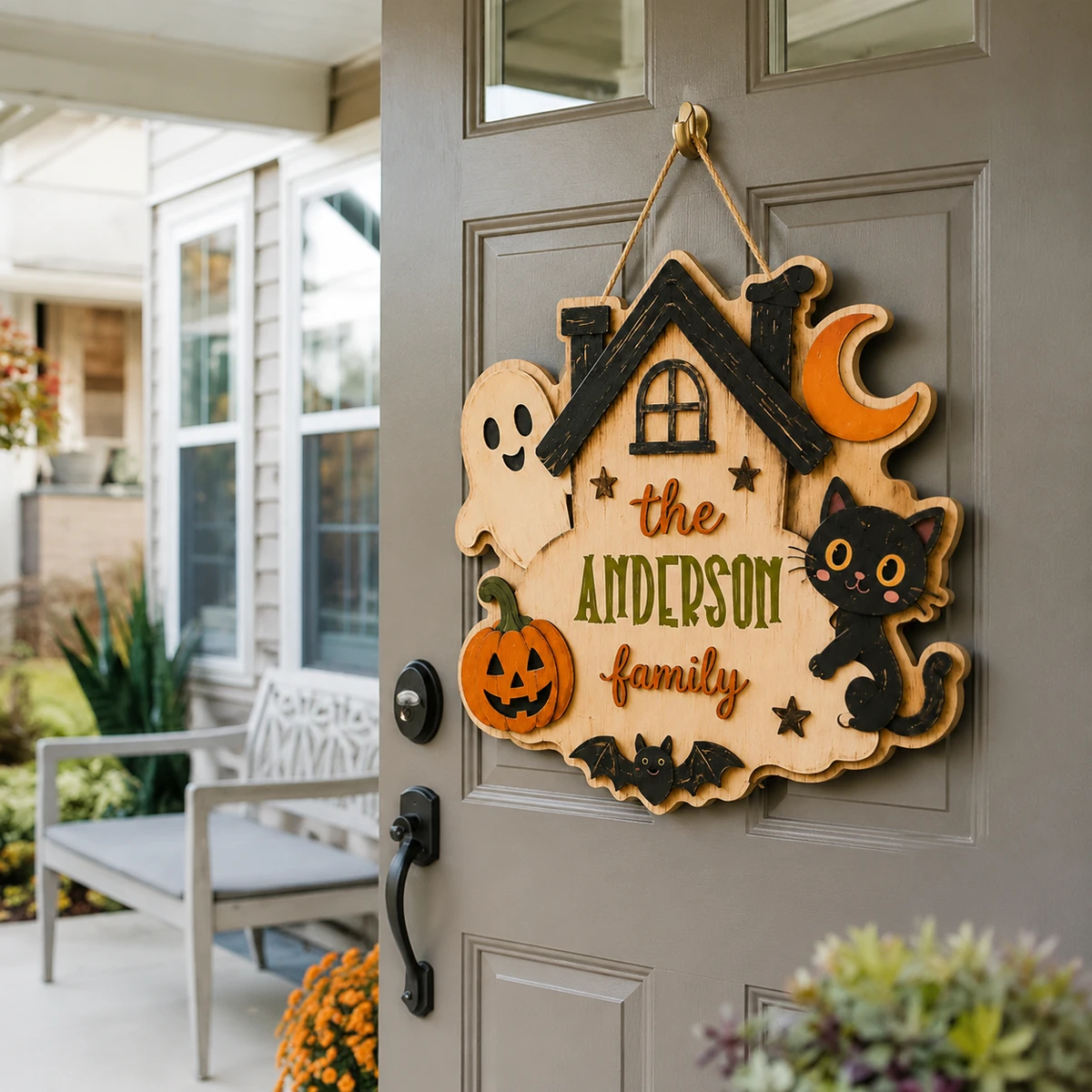 Personalized Halloween Door Sign, Custom Family Name Haunted House Decor, Spooky Cottage Door Hanger, Black Cat Ghost Pumpkin Halloween Gift