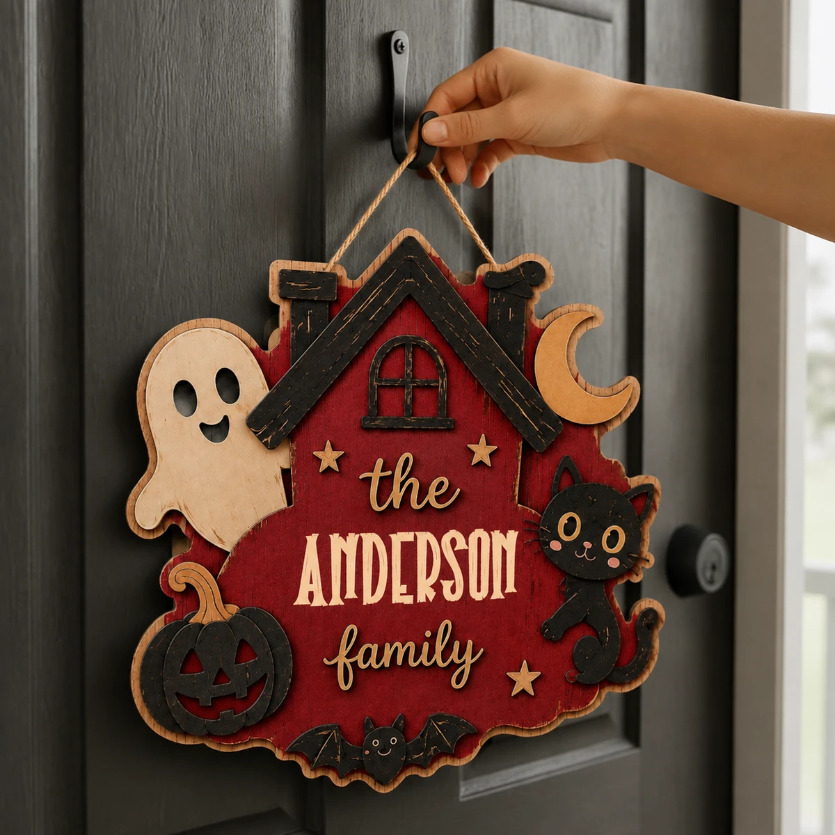 Personalized Halloween Door Sign, Custom Family Name Haunted House Decor, Spooky Cottage Door Hanger, Black Cat Ghost Pumpkin Halloween Gift