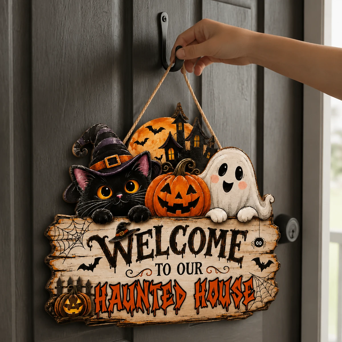 Halloween Family Door Sign Custom Name, Rustic Spooky House Welcome Plaque with Witch Cat Ghost Pumpkin, Fall Porch Decor & Holiday Gift Idea